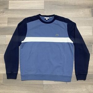 Lacoste Men's Crew Neck Blue Color Block Pullover Sweater 100% COTTON Size L